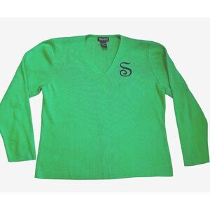Hampshire Studio Green V-Neck Sweater XL 100% Cotton Monogram Embroidered "S"